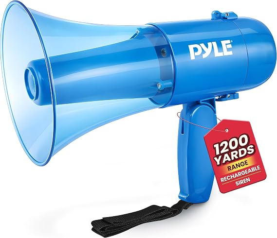 Pyle 30W Portable Megaphone Speaker, 1200-Yard Range, Lightweight Bullhorn with Siren, Rechargeable Battery, Handheld Mic, Adjustable Volume Control, Durable for Indoor/Outdoor Use, Transparent Blue