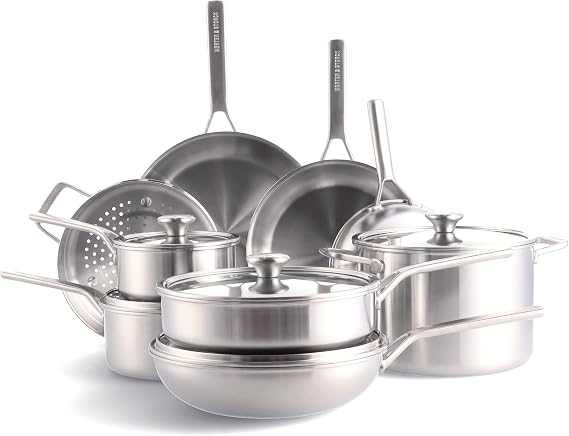 Merten &amp; Storck Tri-Ply Stainless Steel Cookware Set 14 Pieces Pots &amp; Pans Measuring Scale Drip-Free Pouring Rim Robust Glass Lids Suitable for Induction Oven and Dishwasher Safe Silver