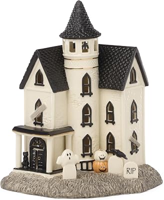Lenox Vintage Halloween Light-Up Manor Figurine, 8.25-Inch, Porcelain Haunted House, Halloween Decor Indoor, Pumpkins, Ghost, Fall Decor Spooky Table Decoration 1 Piece 3 AAA Batteries Not Included