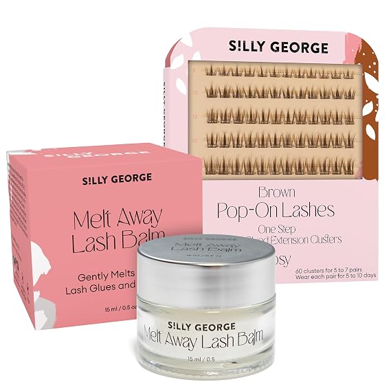 Silly George Pop-On Lashes Bundle - 60 Pre-Glued Faux Eyelash Clusters, Brown Style Rosy + Melt Away Makeup & Lash Extension Remover Balm