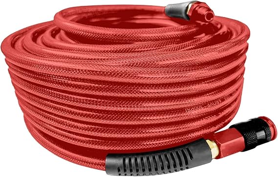 SANFU Polyurethane(PU) Air Hose 1/4-Inch x 100ft Reinforced, lightweight Anti-low temperature 300PSI With 1/4 Aluminum 3IN1 Quick Coupler and Plug, Bend Restrictor,Red(100)