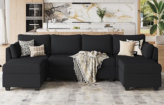 Huatean Home 114.17" Modular Sectional Sofa, 6 Seat Sectional Couches with Storage, Memory Foam, Convertible Modular Couch for Living Room, U Shaped Comfy Modular Sofa with Chaise, Black