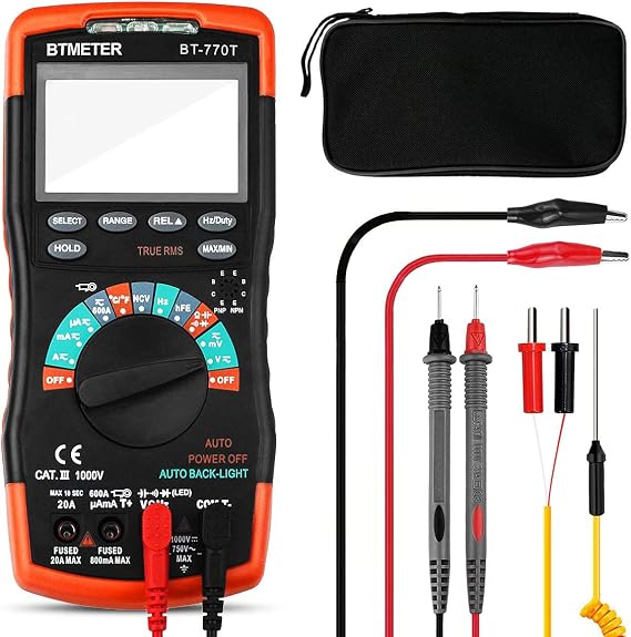 True RMS Digital Multimeter Tester 6000 Counts AC DC 20A Ohmmeter Voltmeter DMM Measure Voltage Current Amp Resistance Diodes Continuity Duty-Cycle Capacitance Temperature (BTMETER BT-770T)