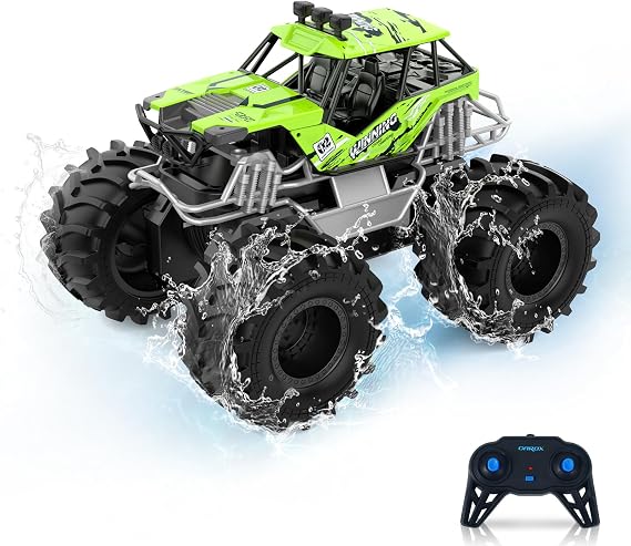 Carox Amphibienfahrzeug Ferngesteuertes Auto, 2.4 Ghz 1500mah RC Auto, Wasserdicht Monstertruck Auto Car Pool Strand Spielzeug für Kinder ab 6 Jahre OX21GRE