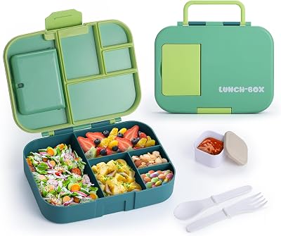 QQKO Bento Box for Kids, Bento Box Adult Lunch Box, Lunch Containers for Kids Girls Boys with 5 Compartments, Lunchable Food Container with Utensils, Sauce Jar, 1300ML, Green