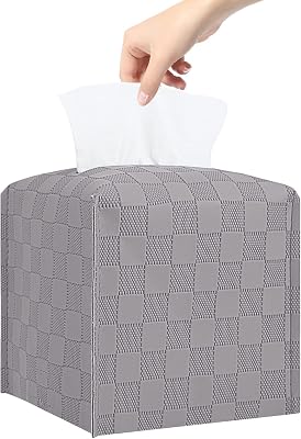 Tissue Box Cover, Square Tissue Box Holder, PU Leather Tissue Holders Decorative, Modern Facial Paper Organizer Dispenser for Bathroom Car Office Home Neutral Decor,Grid Pattern 5x5x5