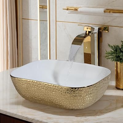 Gold&White Ceramic Vessel Sink Above Counter Bathroom Sink with Faucet and Drain Combo for Modern Bathroom