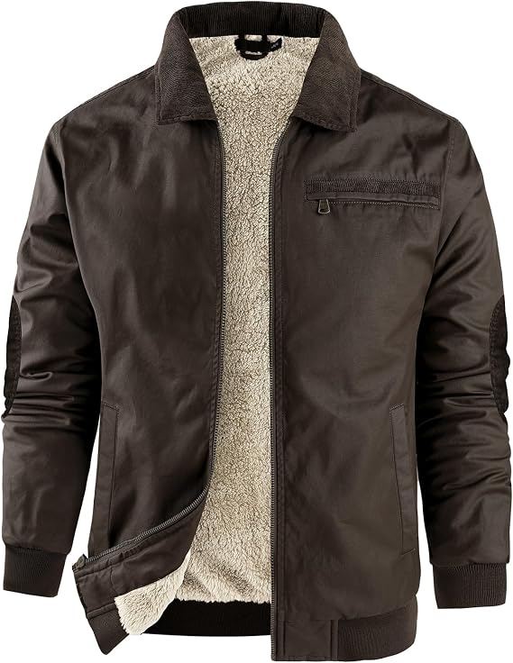 Flygo Mens Sherpa Lined Detroit Jacket Winter Warm Fleece Coat Waxed Washed Canvas Rugged Waterproof Jackets