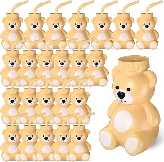 Maxdot 24 Pcs Bear Cups with Straws, 10 oz Plastic Bear Shape Cup Reusable Creative Cups Bulk for Baby Shower Birthday Party Favor Gift Supplies(Light Brown)