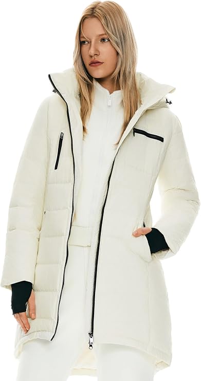 Orolay Women's Mid-Long Hooded Quilted Down Puffer Winter Coat | Premium 90% RDS Down, 700+ Fill Power, Slim Fit, Two-Way Zipper, Stand Collar, Elastic Cuffs, 4 Zip Pockets, 1 Inner Pocket