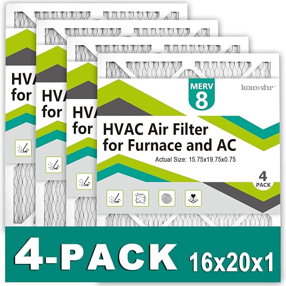 16x20x1 Air Filter MERV 8 (4-Pack), HVAC/Furnace AC Filter Replacement, Dust DefenseComparable with MPR 600 & FPR 5 (Actual 15.75x19.75x0.75)
