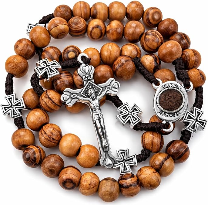 TALISMAN4U Olive Wood Catholic Rosary Prayer Beads with Jerusalem Holy Soil | 8mm Wooden Bead, Cross Crucifix, Certificate & Blue Velvet Rosary Pouch Included