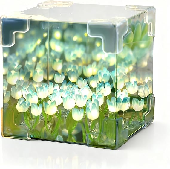 Drawelry DIY Tulip Cube Mirror Lamp 21 Flower Night Light Handmade for Bedroom, Gifts Teen Girls, Mom (Blue)