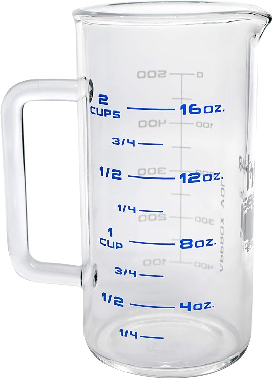 hBARSCI Industrial Beaker Mug, 500ml - Extra Heavy Duty 3.3 Borosilicate Glass - Tall Form, with Spout - Double Sided, Printed Graduations in Cups, Ounces & Milliliters