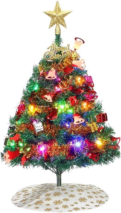 Mini Christmas Tree, 24"/60cm Tabletop Artificial Christmas Tree with Ornaments & LED String Lights, Small Desktop Xmas Tree with Tree Skirt for Room and Office