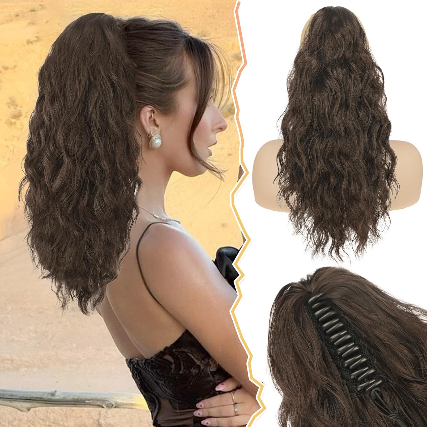 BARSDAR Brown Ponytail Extension - 18 Inch Claw Clip Ponytail Extensions for Women - Curly Wavy Multi Layered Synthetic Clip In Pony Tails Hairpieces Fake Ponytail - Ash Brown Mixed