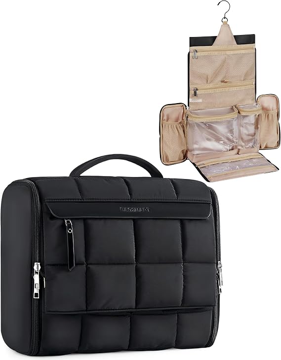 BAGSMART Travel Toiletry Bag for Women, Full-open Hanging, Black | Extra Large Puffy Cosmetic Makeup Bag Organizer with Handle for Accessories, Essentials, Toiletries