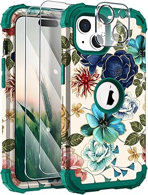 Hocase for iPhone 15 Plus Case, with 2pcs Screen Protectors and 1pc Camera Protector, Shockproof Heavy Duty Soft SiliconeHard PC Hybrid Protective Case - Teal Flowers