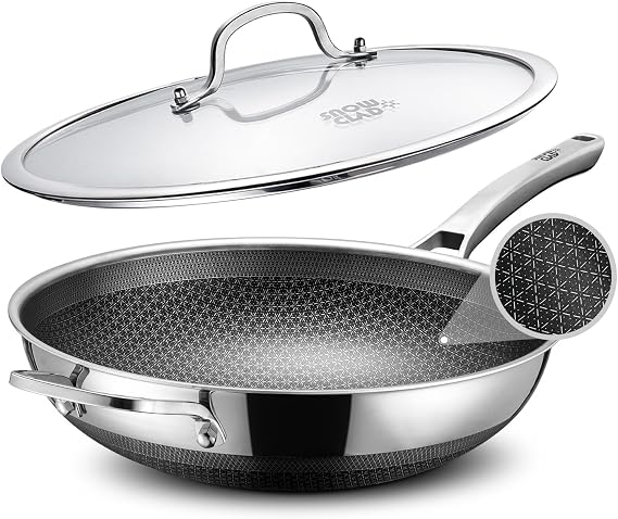 SNOWCLAD Induction Wok Pan 30 cm Hybrid Woks and Frying Pans Non-stick honeycomb pan with lid stainless steel pan suitable for all types of cookers oven and dishwasher safe Pfoa free