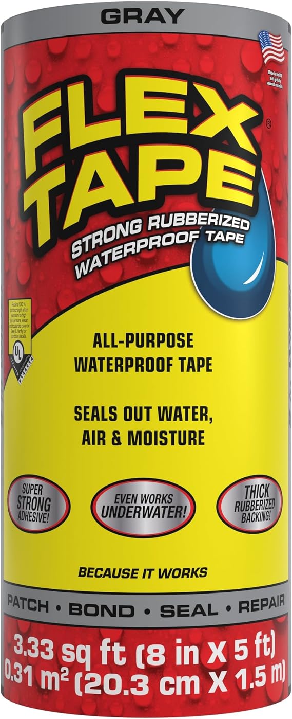 Flex Tape Strong Rubberized Waterproof Tape, Gray, 8 in x 5 ft, 1-Pack
