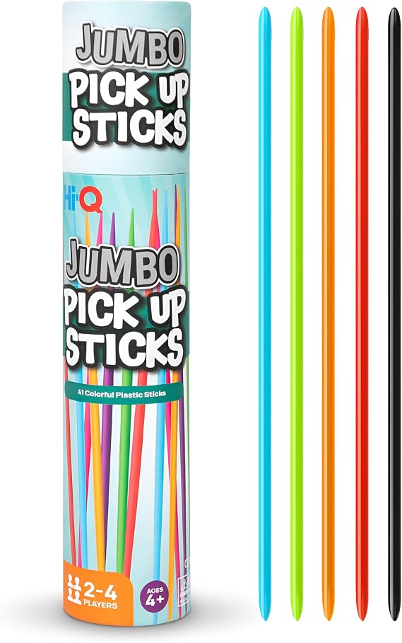 Hi-Q Jumbo Pick Up Sticks Game: 41 Brightly Colored Plastic 9.5" Pick up Sticks in Storage Can, for All Ages!