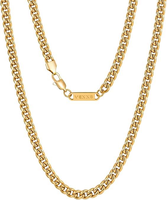 VEXXS Men's Gold Chain,18K Real Gold Filled Cuban Link Chains, 316L Stainless Steel Durable No Color Fading 3mm 4mm 6mm Mens Necklace Chain Urban Fashion Street Wear Gift for Men Women