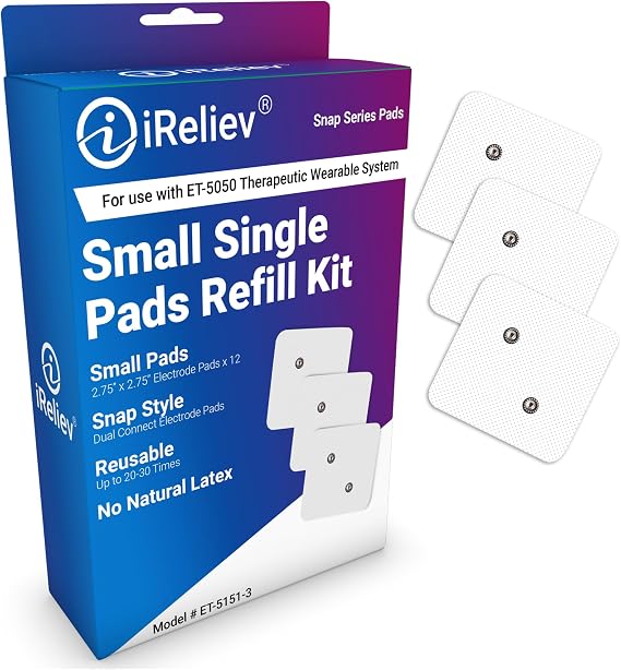 iReliev Wireless Small Electrode Pads Refill Kit, (12) 2.75" x 2.75" Electrode Pads, Fits Wireless TENS Unit + Muscle Stimulator Model ET-5050, HD-5050, PRO-1000 Therapeutic Wearable System