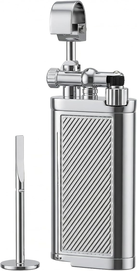 Vintage Lift Arm Gas Lighter, 45 Degree Angled Soft Flame Butane Refillable Retro Metal Igniter with Built-in Tamper and Pick Tool (Chrome)