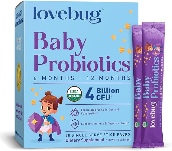 LOVEBUG Award Winning USDA Organic Probiotic for Babies | Multi-Strain 4 Billion CFU | Easy-to-Take Powder | Sugar Free | Ages 6-12 Months | 30 Packets