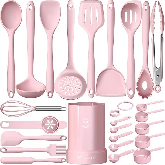 Silicone Cooking Utensils Set- Pink Heat Resistant Kitchen Utensils, Fungun Kitchen Utensil Spatula with Holder, BPA Free Kitchen Gadgets Tools Set for Nonstick Cookware, Dishwasher Safe