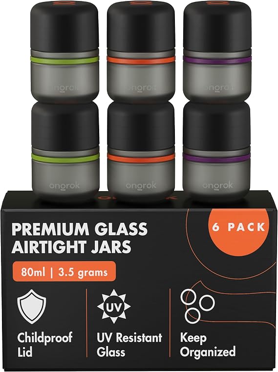 ONGROK Glass Storage Jar, 80ml, 6 Pack, UV Herb/Spice Jar with Child Resistant Lid, Color-Coded Glass Containers Air Proof to Preserve Smell and