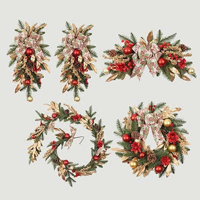 5 PCS Artificial Christmas Decoration Set - 6FT Long Christmas Garland - 2pcs Christmas Teardrop Swags - Christmas Swag & Wreath for Front Door,Fireplace,Wall,Stairs,Indoor,Outdoor,Home