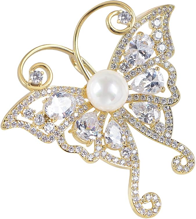 ALILANG Golden Tone Pink Rhinestones Big Butterfly Asymmetrical Tail Wings Brooch Pin