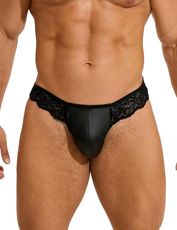 ohmydear Men's PU Leather Thong Underwear Sexy Jockstrap Lingerie
