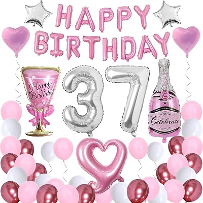 Happy 37th Birthday Party Decorations Set for Women Girl, Pink Happy Birthday Banner 37 Foil Number Balloons for Sweet 37 Decor