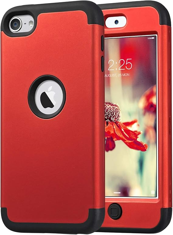 ULAK Compatible with iPod Touch 7/6/5 Case, Red+Black | Heavy Duty Shockproof High Impact Protective Rugged Cover with Dual Layer Soft Silicone + Hard PC for iTouch 5/6/7