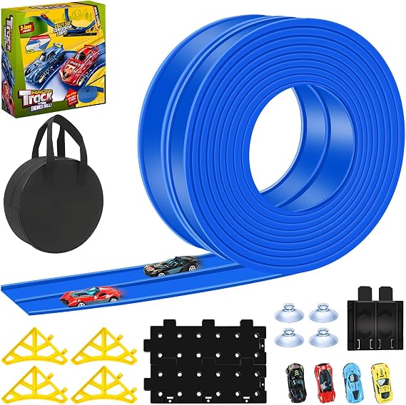 Car Track 5M Flexible Race Track for Toy Cars with 4 Cars, 2 Flexible Ramps, 1 Storage Bag, 4 Suction Cups, Christmas Birthday Gifts for Kids 3 4 5 6 7 8 Year Boys Girls