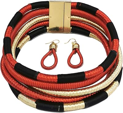 Fashion Choker Necklace Sets for Women,African Tribal Multilayer Earrings Colorful Rope Weave Jewelry Boho Statement Accessories Magnetism Button Birthday Gifts for Women