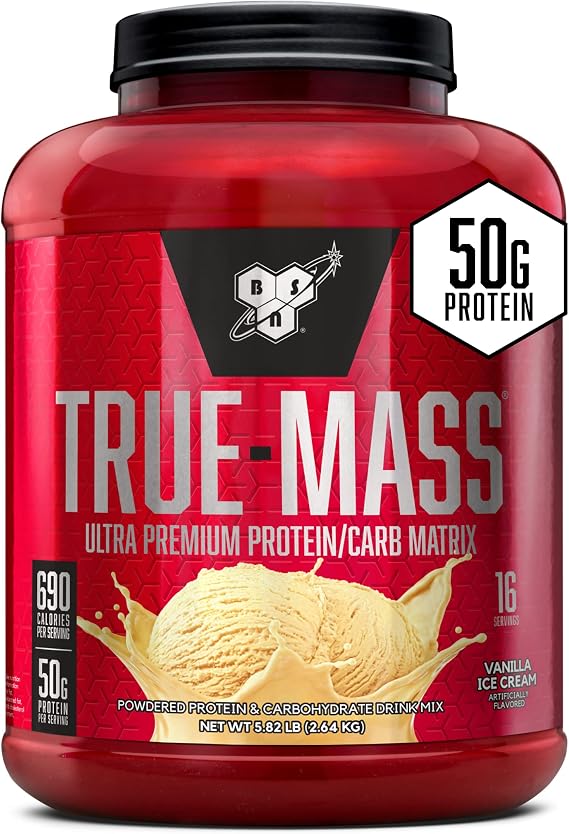 BSN True-Mass Weight Gainer Protein Powder, Vanilla Ice Cream, 16 Servings | Muscle Mass Gainer with Whey and Casein Protein for Post-Workout Recovery, Endurance and Lean Muscle Growth