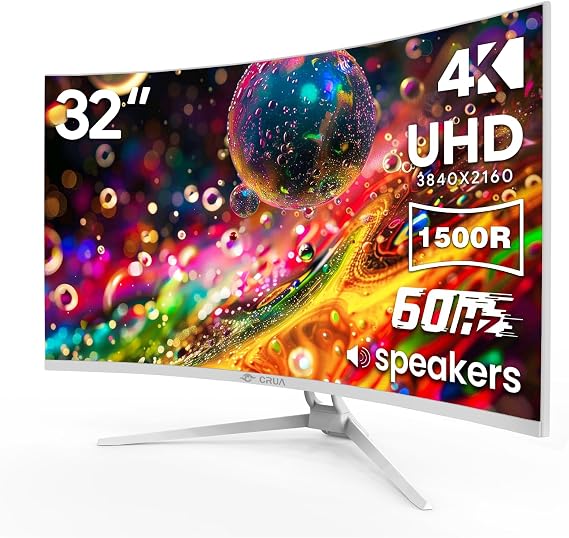 CRUA 32" 4K UHD 60Hz Curved Monitor, 1500R, AMD FreeSync, Speakers, White | VA Screen With 120%sRGB Color, Blue Light Filter, HDMI 2.0, DP 1.4 and 75x75mm Wall Mount For Gaming, Photo Editing and Work
