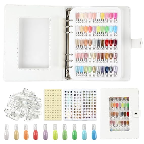 Nail Color Swatch Book, 150 Color Nail Polish Sample Display Book | PU Leather Cover, 180 Replacement Tips & 1-150 Number Labels, Snap-On Design, Client Color Matching, Nail Salon & DIY, White