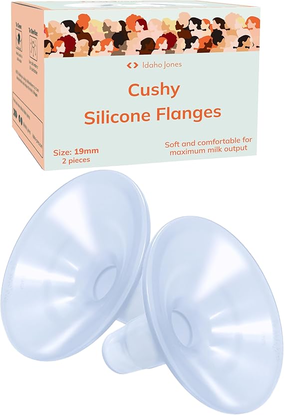 Cushy Silicone Breast Pump Flanges, Breast Shields - 19mm (2 Pack) - Replacement Pump Parts - IBCLC Recommended - Ideal for Elastic Nipples - Fits Medela, Lansinoh - Spectra, Motif Needs Adapter
