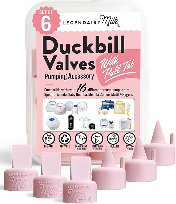 Legendairy Milk Duckbill Valves for Spectra Breast Pumps, 6 Ct, BPA-Free | Pink food-grade silicone valves with pull tabs fit Spectra, Medela, Motif, BabyBuddha & Zomee; easy to clean, strong suction.