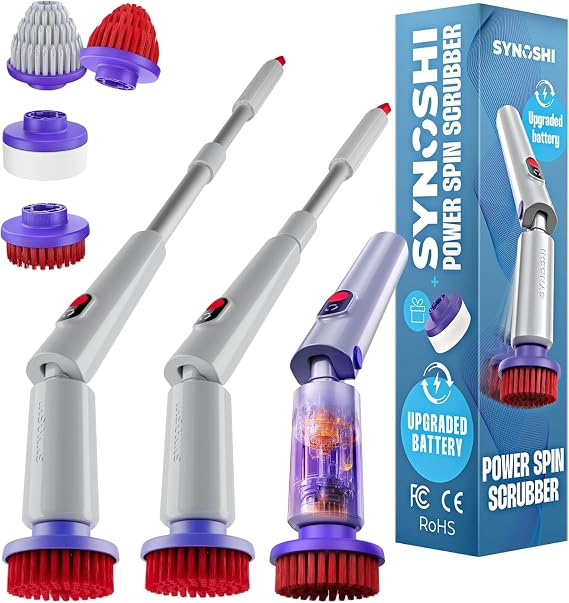 Synoshi PRO Spin Scruber, Extension Handle, Cone, Round, Sponge Brushes | Power Cleaning Brush, Cordless Scrubing