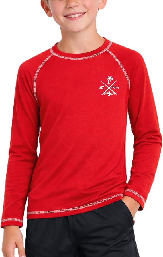 Quad Seven Boys Long Sleeve Rash Guard Swim Shirt Sun Protection (5-18) | UPF Quick-Dry Stretch Fabric Blocks Harmful Rays, Lightweight Beach and Pool Comfort for Water Play and Surf
