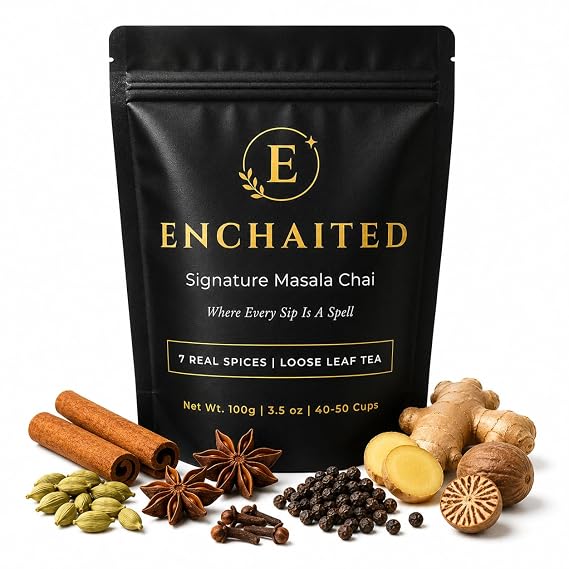 ENCHAITED Masala Chai Loose Leaf Tea, 40-50 Cups (100g) - 7 Real Spices & Single-Origin Assam - Bold Coffee Alternative, No Added Sugar - Cardamom, Cinnamon, Ginger, Clove, Black Pepper, Nutmeg, Star Anise