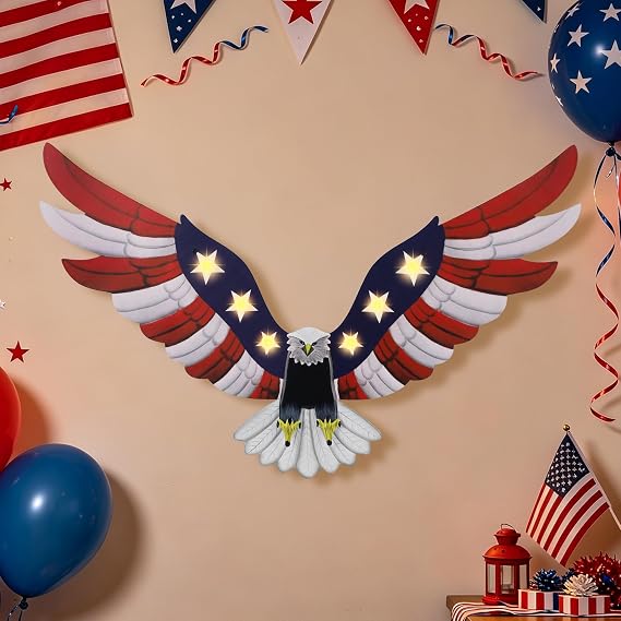 Adroiteet Lighted American Eagle 4th of July 250th Decorations Outdoor with Timer LED Lights Patriotic Metal Wall Art for Golf Cart Indoor Front Door American Flag Eagle Decor, 23.6" x 15.7"
