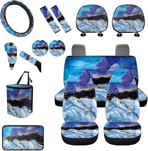 Blue Marble Car Seat Covers Full Set for Front Rear,15 Pieces Car Inetrior Accessories Sets for Women Men Waterproof Vehicle Seat Protection Covers with Steering Wheel Cover