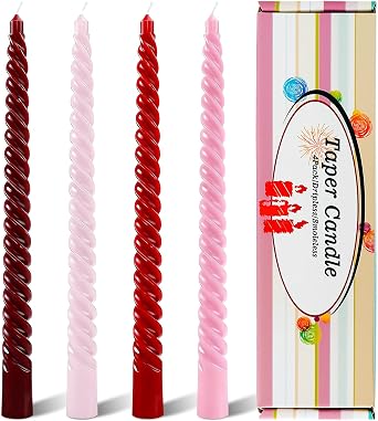 4 Pcs Spiral Twisted Taper Candles, Red Gradient Candlesticks of 4 Colors, Slow Burning Tapered Candles for Home Decor Wedding and Dinner Party