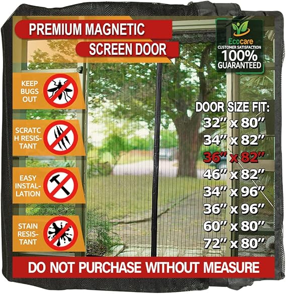 TheFitLife Magnetic Screen Door, Heavy Duty Mesh Bug Curtain | 38"x83" - Fits Doors up to 36"x82" Max, Black, with Full Frame Hook & Loop Powerful Magnets, Pet & Kid Friendly, Hands Free